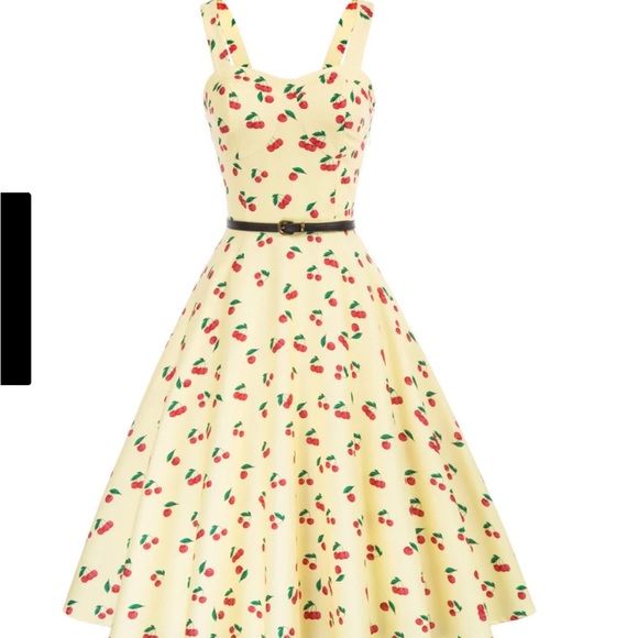 Belle Paque Sweetheart Neck A-Line Dress Medium Cocktail Yellow Red Cherries - Picture 2 of 13